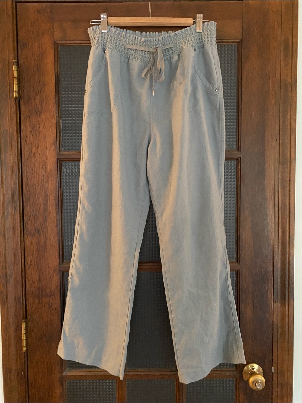 Forever21 linen-blend straight leg drawstring pants in stone blue